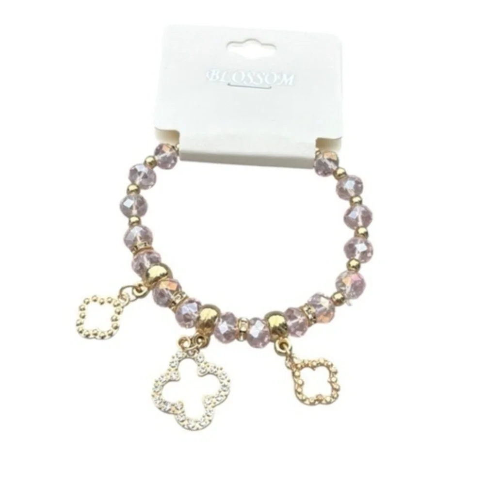 5/$25 Blossom Rainbow Pink Iridescent & Gold Beaded Bracelet with Charms